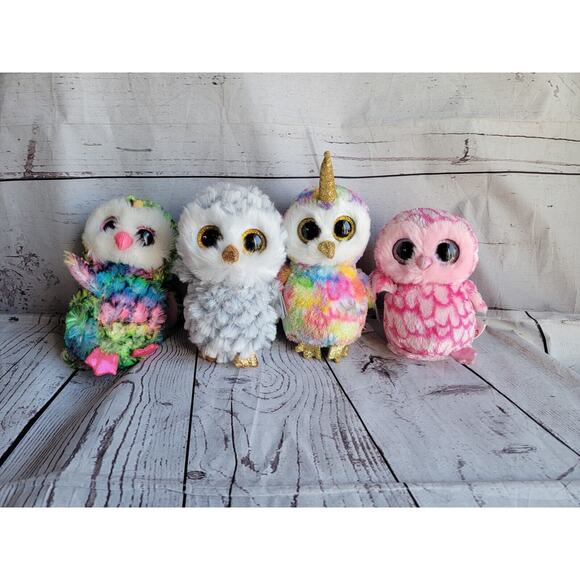 ty beanie boos lot 4 Owls enchanted Owlett Owen Pinky Stuffed Animals - Picture 1 of 12